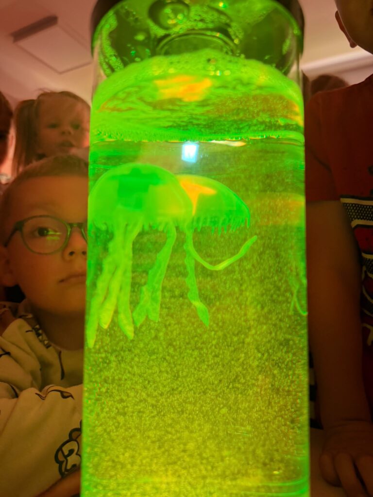 Dzieci przypatrują się lampce z zielonym światłem na dryfujące meduzy.