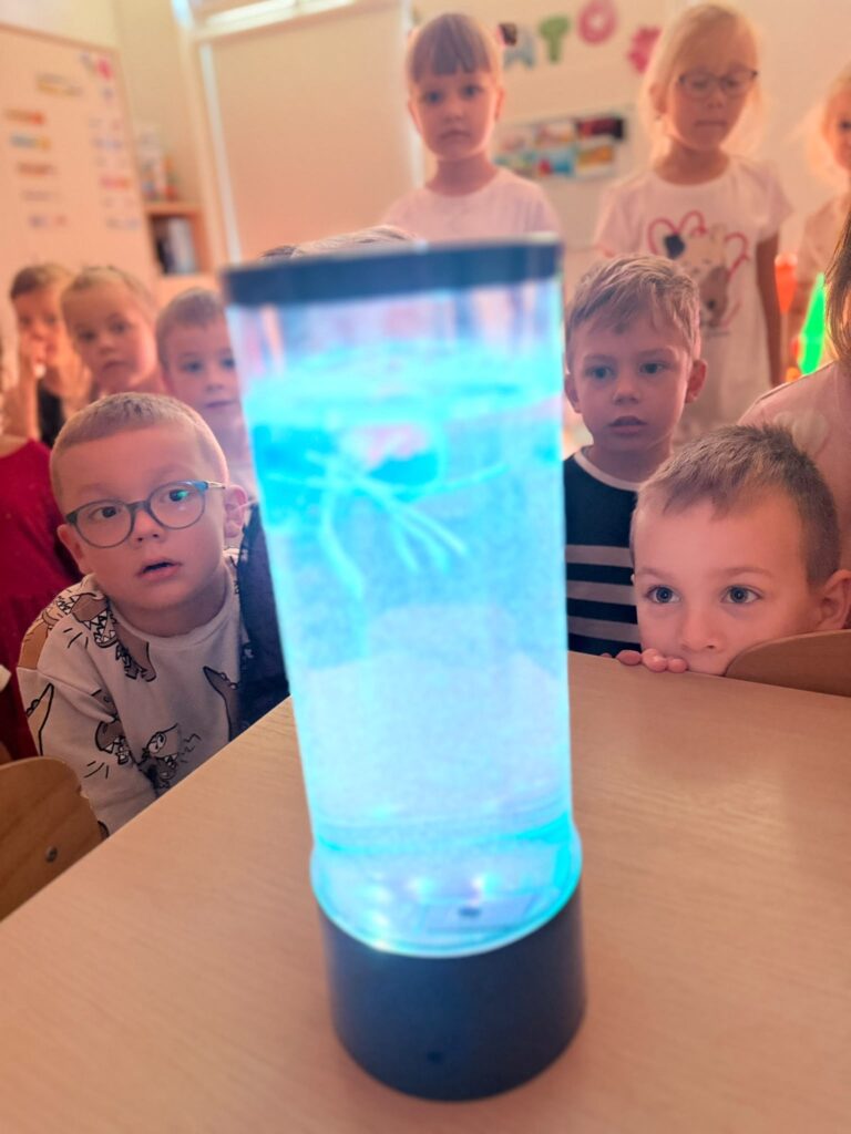 Dzieci przypatrują się lampce z niebieskim światłem na dryfujące meduzy.
